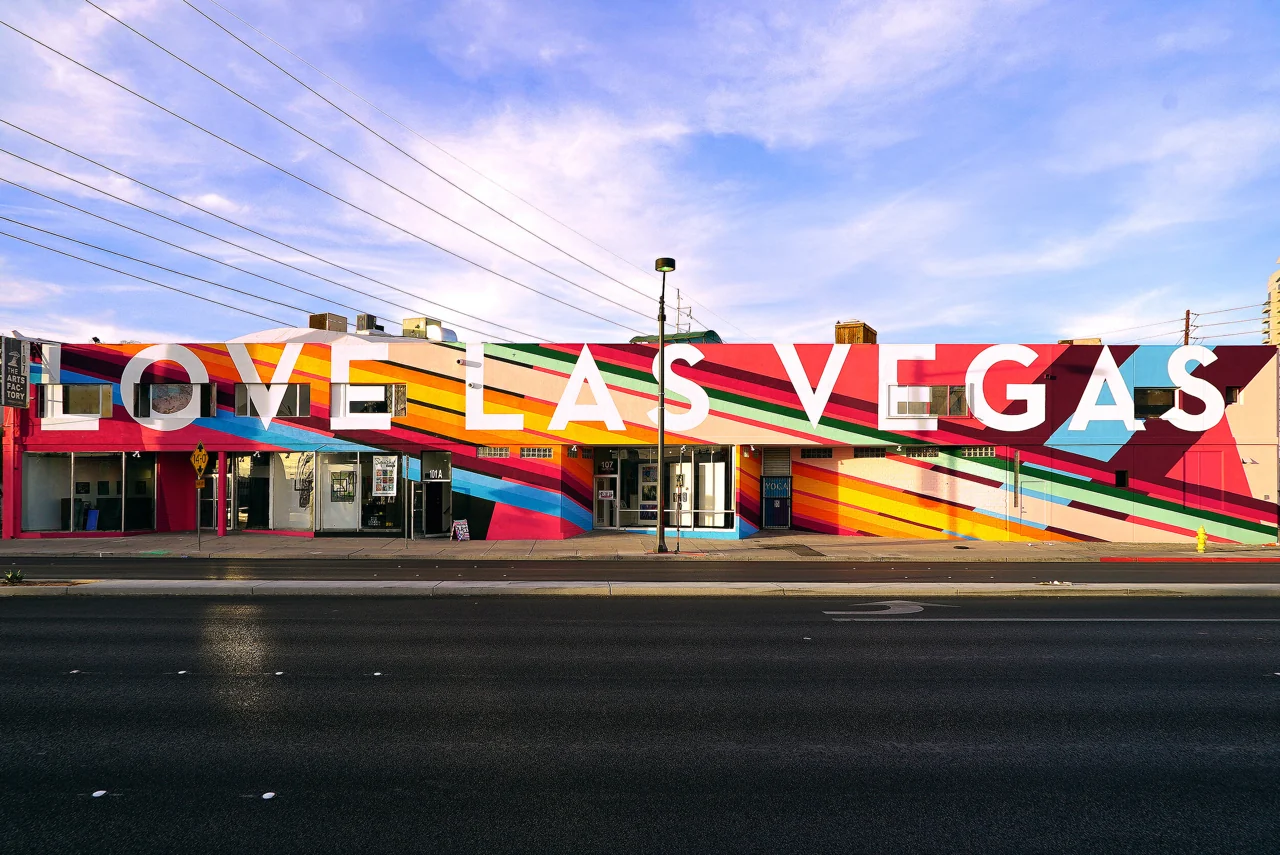 The colorful exterior of the Arts Factory in Las Vegas