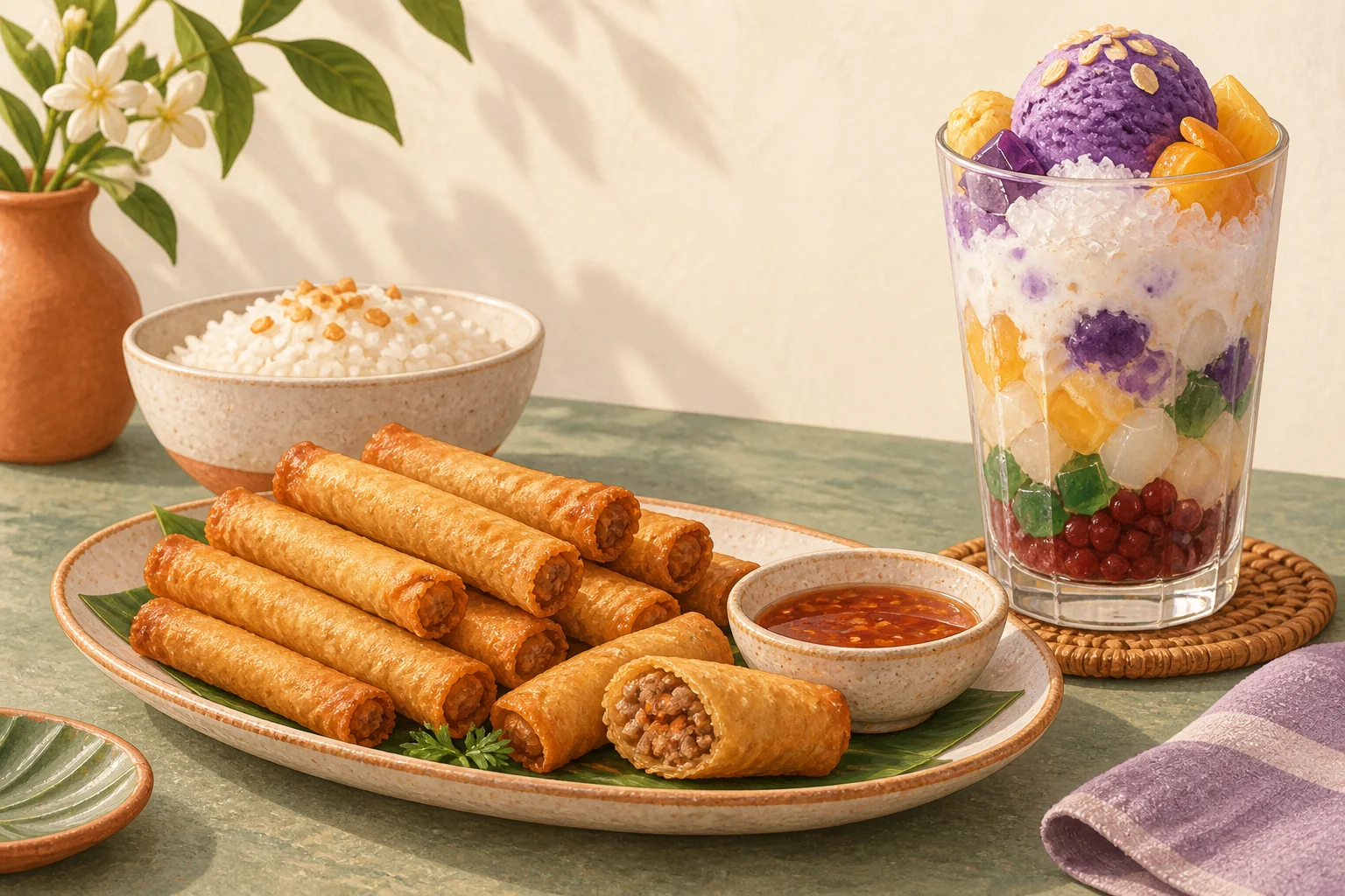 Illustration of lumpia, rice and halo-halo