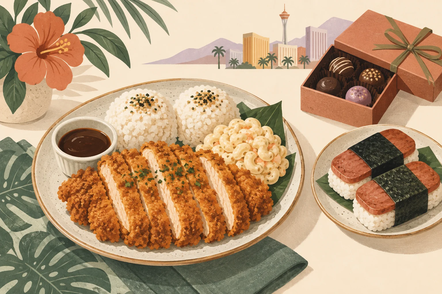 Illustration of a Hawaii-style plate lunch, musubi and a box of chocolates