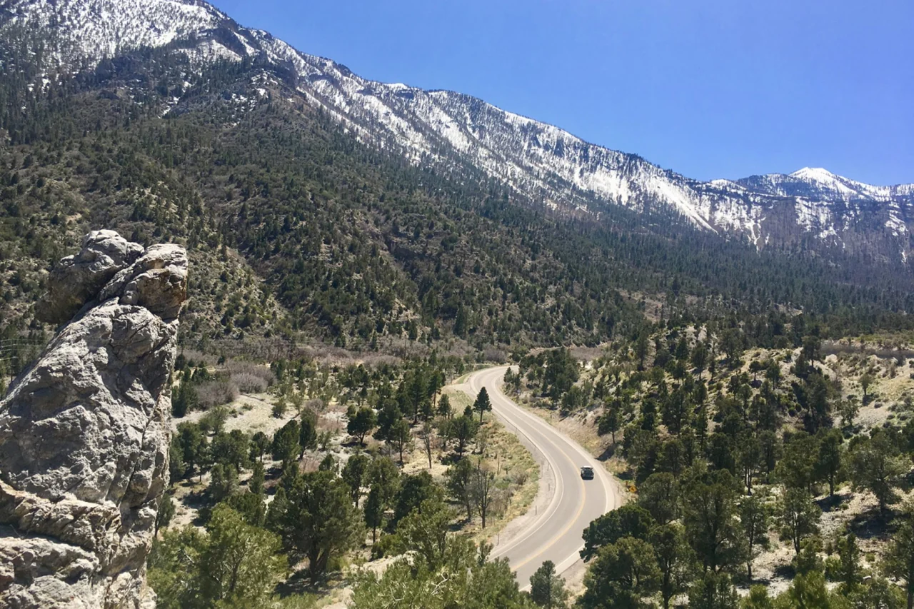 Mountain scenery and a road at Mount Charleston in winter