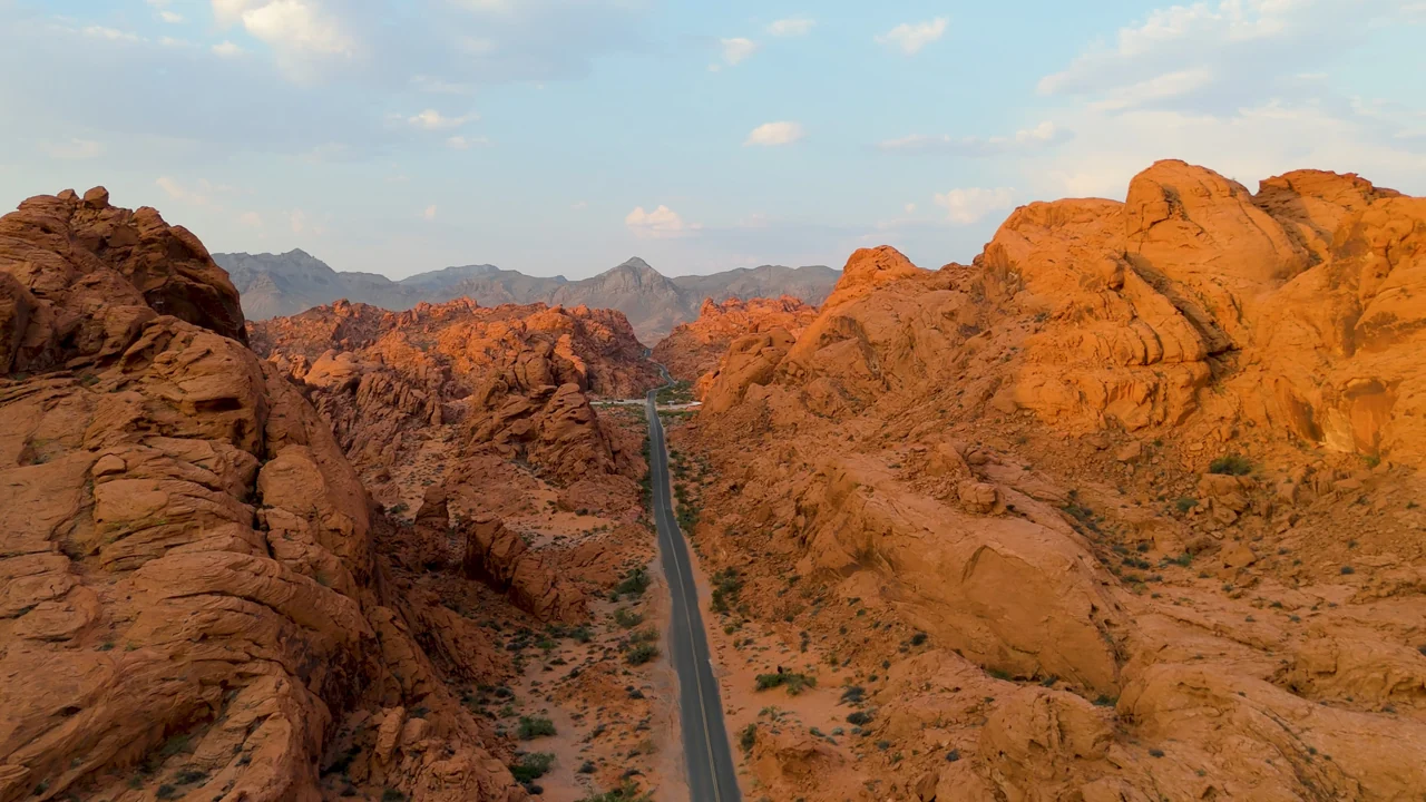 The road between red sandstone formations at Valley of Fire