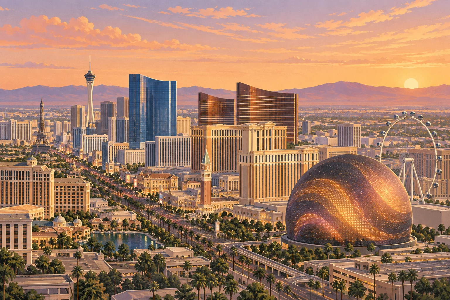 Illustrated Las Vegas skyline with Sphere, the STRAT, Fontainebleau, Wynn and Encore, the High Roller and the Eiffel Tower replica